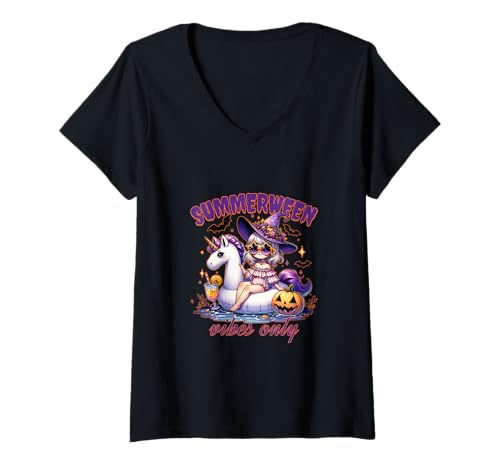 Damen Summerween Vibes Only Gruseliger Sommer-Halloween-Strandpool T-Shirt mit V-Ausschnitt Damen Summerween Vibes Only Gruseliger Sommer-Halloween-Strandpool T-Shirt mit V-Ausschnitt von Summerween Vibes Party Store