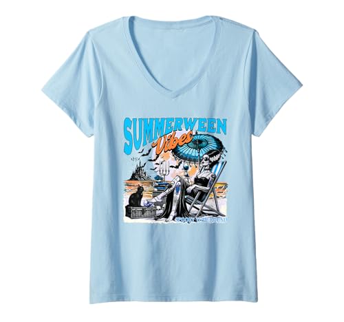 Damen Bride of Frankenstein, Summerween Vibes Das ganze Jahr über gruselig T-Shirt mit V-Ausschnitt Damen Bride of Frankenstein, Summerween Vibes Das ganze Jahr über gruselig T-Shirt mit V-Ausschnitt von Summerween Vibes Spooky Year Round