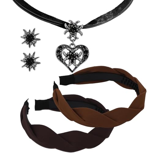 SummitEdge 5 Stück Trachten Haarreif Dirndl Trachtenschmuck Damen Set, Oktoberfest Haarreifen Damen Geflochten Breit Haarband Bayerisch Dirndl Schmuck Trachtenkette von SummitEdge