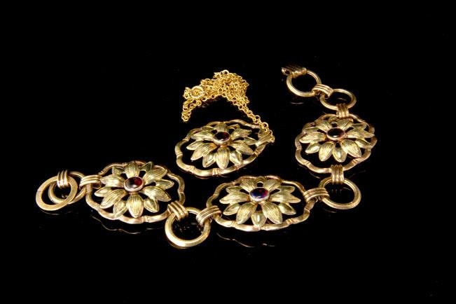 Vintage 12K Gold Filled Sterling Kunst Glas Blumen Armband Halskette Set von SummitTreasures