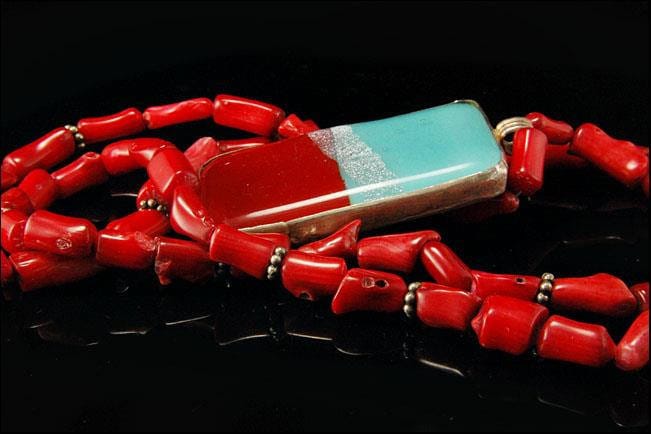 Vintage Rote Koralle Perlen Sterling Art Glas Anhänger Halskette von SummitTreasures