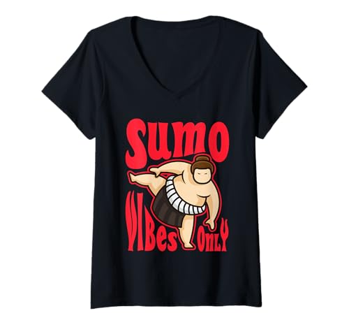 Damen Sumo Vibes Only Cartoon-Design T-Shirt mit V-Ausschnitt von Sumo Spirit Designs