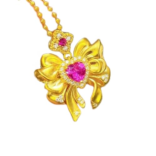 Sumpgle Antique Gold-Plated Heart Bow Pendant and Imitation Ruby Ring Set Vintage Jewelry for Women Elegant Crystal Accessories von Sumpgle