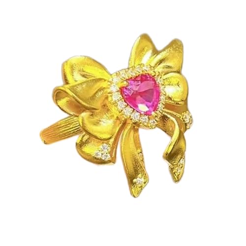 Sumpgle Antique Gold-Plated Heart Bow Pendant and Imitation Ruby Ring Set Vintage Jewelry for Women Elegant Crystal Accessories von Sumpgle