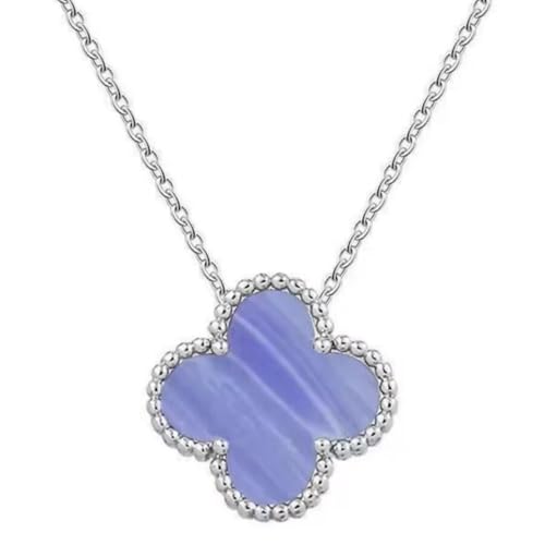 Sumpgle Doppelseitiges vierblättriges Kleeblatt Amethyst Chalcedon Goldstein Halskette und Armband Set für Frauen Verstellbares Schlüsselbein von Sumpgle