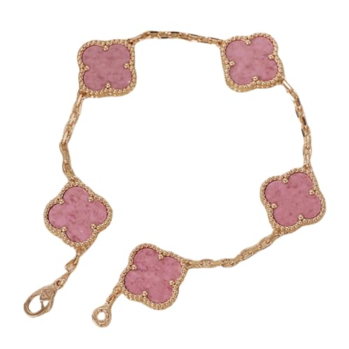 Sumpgle Doppelseitiges vierblättriges Kleeblatt Amethyst Chalcedon Goldstein Halskette und Armband Set für Frauen Verstellbares Schlüsselbein von Sumpgle