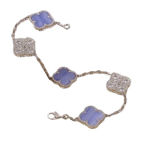 Sumpgle Doppelseitiges vierblättriges Kleeblatt Amethyst Chalcedon Goldstein Halskette und Armband Set für Frauen Verstellbares Schlüsselbein von Sumpgle