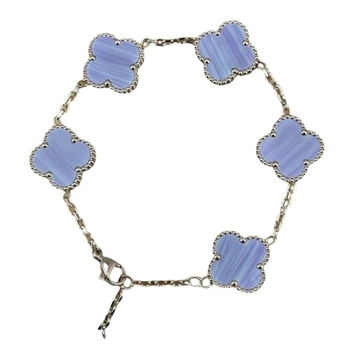 Sumpgle Doppelseitiges vierblättriges Kleeblatt Amethyst Chalcedon Goldstein Halskette und Armband Set für Frauen Verstellbares Schlüsselbein von Sumpgle