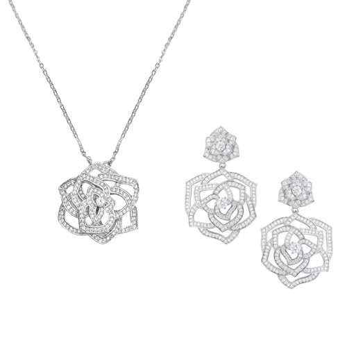 Sumpgle Floral Jewelry Set Openwork Rose Necklace Camellia Earrings Adjustable Ring Women Accessory Gift Set with Blossom Design von Sumpgle