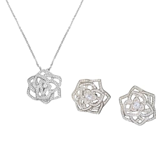 Sumpgle Floral Jewelry Set Openwork Rose Necklace Camellia Earrings Adjustable Ring Women Accessory Gift Set with Blossom Design Sumpgle Floral Jewelry Set Openwork Rose Necklace Camellia Earrings Adjustable Ring Women Accessory Gift Set with Blossom Design von Sumpgle