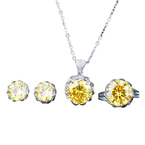 Sumpgle Lotus Design Sparkling Jewelry Set Yellow Crystal Pendant Green Gem Earrings Ring Gift for Women von Sumpgle