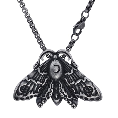 Sumpgle Gothic Vintage Edelstahl Schmetterling Schädel Anhänger Halskette Damen Silber Motte Insekten Schmuck Accessoire von Sumpgle