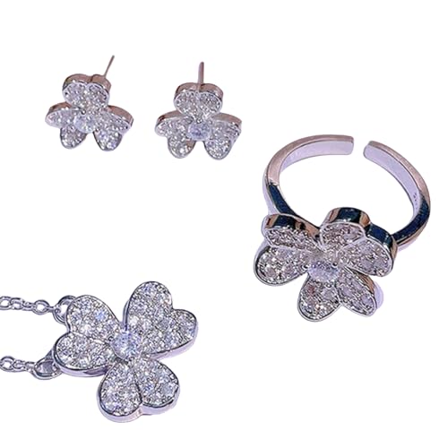 Sumpgle Kleeblatt-Ohrringe, Halskette und Ring-Set mit funkelnden Zirkonia, einzigartiges Blumendesign, Damenschmuck, auffälliges Statement-Geschenk von Sumpgle