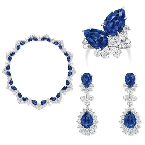 Sumpgle Schmuck-Set mit Tansanit-Zirkon für Damen, Tropfenring, geometrische Ohrringe, Edelstein-Halskette, Designer-Stil, Geschenkidee, Set of 3 von Sumpgle