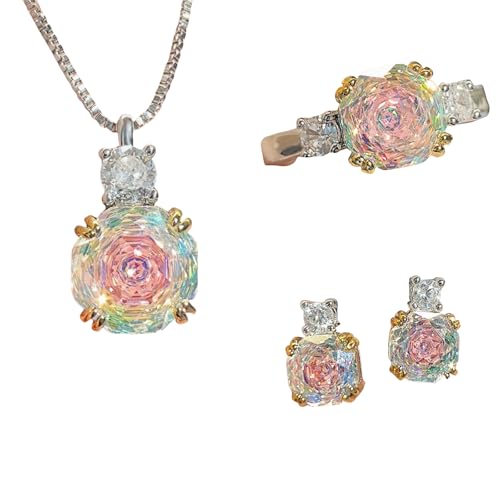 Sumpgle Schmuckset mit achteckigem Rosenschliff, 3-teiliges Schmuck-Set, Halskette, Ohrringe, Ring für Frauen, Geschenk, rosa Zirkonia mit roten Akzenten, Ring-Adjustable von Sumpgle