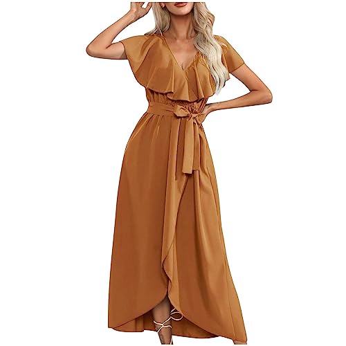 Damen Sommerkleid Sommerkleider Casual Basic Cocktailkleid Einfarbig Sommer Minikleid Basic Frauen Festlich Elegant Hochzeitsgast Kleid Frau Frühlingskleid Boho Kleidung Gelb XL von Sumuqi