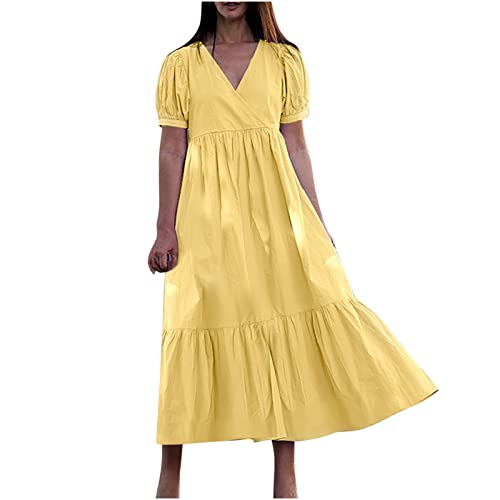 Sommerkleid Sommerkleider Damen Mode Kleider Einfarbig Lange Bekleidung Moderne Mädchen Abendkleider Spitze Abendkleider Elegant für Hochzeit Frauen Partykleider Abiballkleid Gelb M von Sumuqi