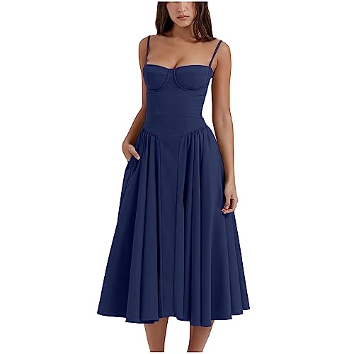 Sommerkleid für Damen Sommerkleider Sommer Festkleider Einfarbig Teenager Casual Midikleid Vintage Abschlusskleider Lange Kleider Hochzeitsgast Damen Ball Kleider Ballkleider Marine S von Sumuqi