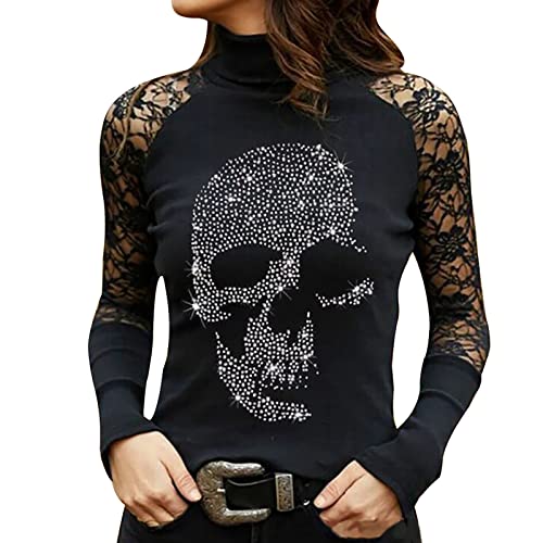 Sumuqi Bluse Elegant Damen Langarmshirt Halloween Shirt Tops Oberteile Herbst Oberteil Elegante Oberteil Fraun Y2k Kostüme Kostüm Skelett Pullover Kleidung Bekleidung Longshirt Sweatshirt Schwarz XXL von Sumuqi