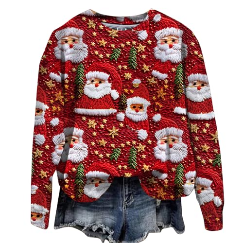 Sumuqi Hässliche Weihnachtspullover Damen Shirt Langarm Tie-Dye Bluse Basic Langärmelige Blusen Shirts Weihnachtspullover Damen Tunika Ugly Christmas Sweater Meine Bestellungen Anzeigen Rot XL von Sumuqi