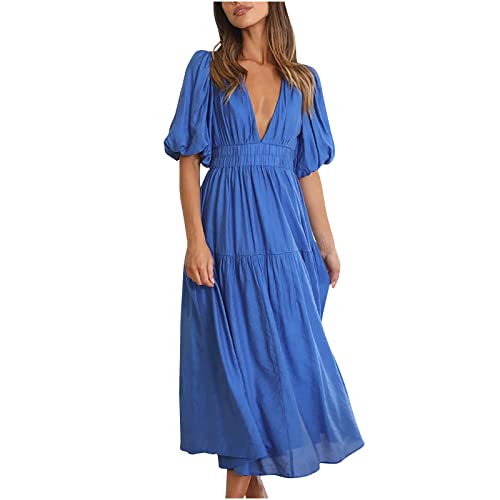 Sumuqi Sommerkleider Sommerkleid Damen Casual Basic Strandkleid Einfarbig Vintage Maxi Kleider Langes Frau Frühlingskleid Knielang Brautkleid Teenager Mädchen Tshirt Kleid Aben Kleid Blau XL von Sumuqi