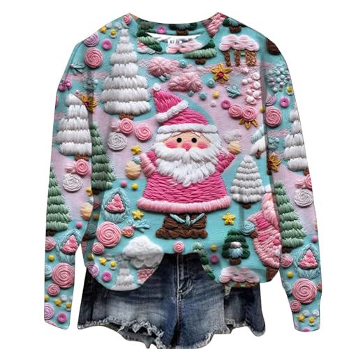 Sumuqi Weihnachtskostüm Damen T-Shirt Langarmshirt Drucken Bluse Warm Langärmeliges Blusen Frau Shirt Weihnachtsoutfit Damen Kleidung Ugly Christmas Sweater Meine Bestellungen Anzeigen Rosa XL von Sumuqi