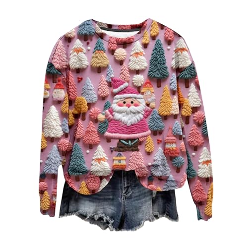 Sumuqi Weihnachtsoutfit Damen Pullover Langarmshirt Print Tshirts Warm Langarm Shirt Frau Weihnachts Tshirt Damen T-Shirts Ugly Christmas Sweater Meine Bestellungen Anzeigen Rosa 3XL von Sumuqi