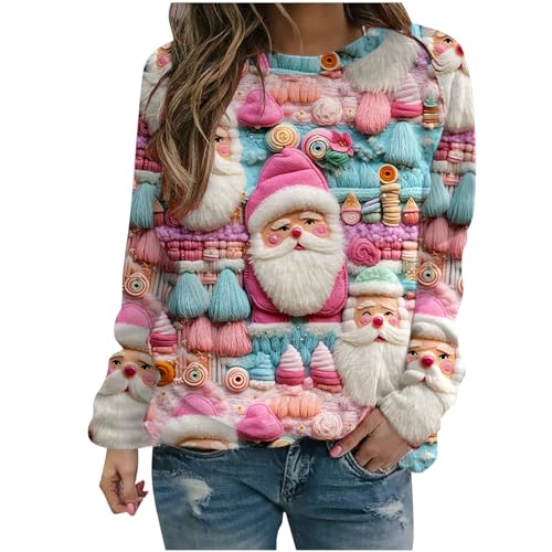 Sumuqi Weihnachtsoutfit Damen Shirt Langarm Tie-Dye Tuniken Warm Langärmeliges Bluse Sweatshirt Weihnachtspullover Damen T-Shirt Ugly Christmas Sweater Meine Bestellungen Anzeigen Rosa XL von Sumuqi