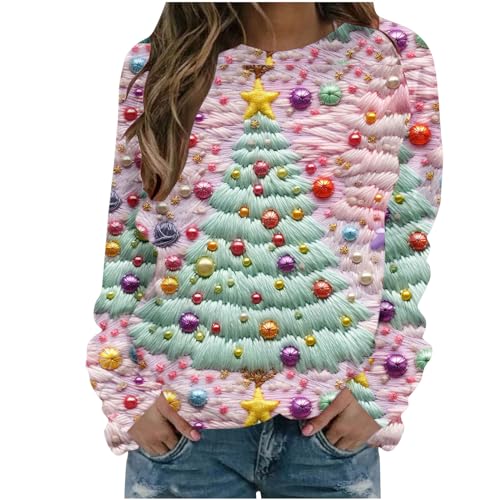 Sumuqi Weihnachtsoutfit Damen Shirt Langarmshirt Print Hemd Elegant Langärmelige Oberteil Frauen Weihnachtspullover Damen Tuniken Ugly Christmas Sweater Meine Bestellungen Anzeigen Rosa L von Sumuqi