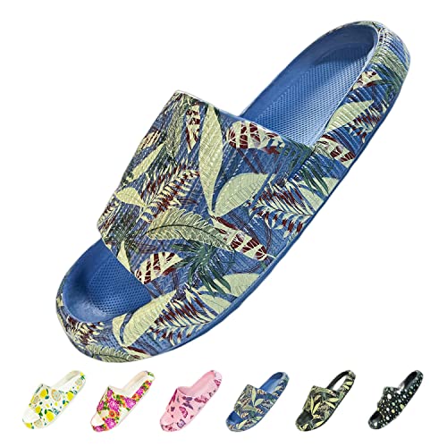 Sumvov Cozyslides Original Damen Schlappen 100% EVA Super Weich Rutschfest Badeschuhe Cozislides Original Hausschuhe Damen,Blau Blätter,42/43 EU von Sumvov