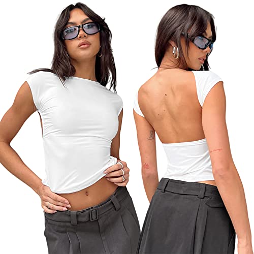 Sumvov Sexy Backless Y2k Top Damen,2023 Sommer Crop Top Rücken Cut Out T-Shirt,Y2k Oberteile Damen,Grunge Teenage Aesthetic Mädchen Outfits von Sumvov