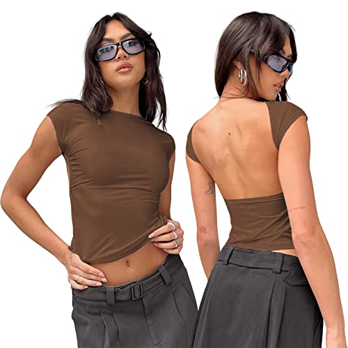 Sumvov Rückenfreies Oberteil Damen,Sexy Y2k Oberteile Damen,Backless Top Damen,2023 Sommer Crop Top Rücken Cut Out T-Shirt,Grunge Teenage Aesthetic Mädchen Outfits von Sumvov