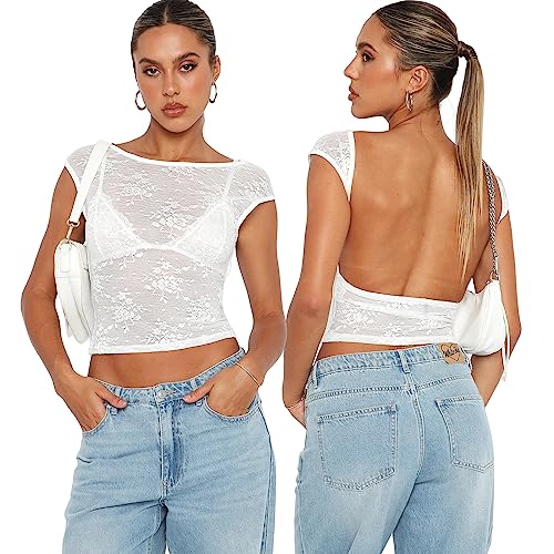 Sumvov Rückenfreies Oberteil Damen,Sexy Y2k Oberteile Damen,Backless Top Damen,2023 Sommer Crop Top Rücken Cut Out T-Shirt,Grunge Teenage Aesthetic Mädchen Outfits von Sumvov