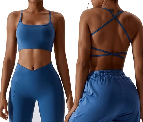 Sumvov Sport BH Rückenfrei Damen Gepolstert Cross Back,Ohne Bügel Gym Tops Sports Bra,Spaghettiträger Rücken Verkreuzt Push Up BH Für Yoga Fitness von Sumvov