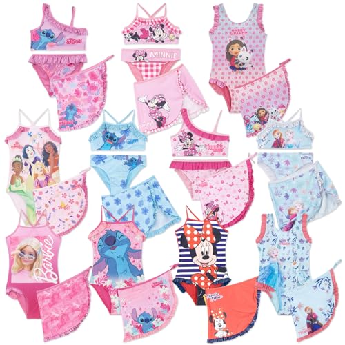 SUN CITY - Badeanzug für Mädchen, 2 oder 3 Teile mit Pareo oder Rock – Bikini oder Einteiler – Sommer-Set inspiriert von Cartoon-Figuren, Stitch Wickeltuch 0802 Fuchsia, 5-6 Jahre von Sun City