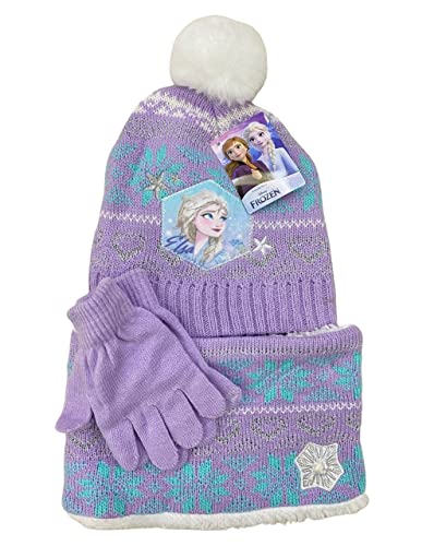 Sun City Frozen - Die Eiskönigin Elsa Anna Kinder Winter Set 3 tlg. Mütze, Handschuhe und Schal Mädchen, Farbe:Lila, Größe:54 von Sun City