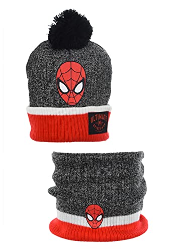 Sun City Spider-Man Jungen Winter-Set Kinder Bommel-Mütze und Schlupf-Schal Loop, Farbe:Grau, Größe:54 von Sun City