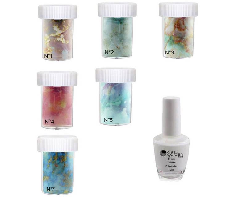 Sun Garden Nails Nageldesign Zubehör 6 x Nagelfolie + Folienkleber MARBLE SET 7 - Nail Art Folie, Spar-Set, Setartikel von Sun Garden Nails