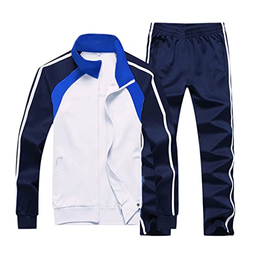Sun Lorence Herren Athletic Running Trainingsanzug Set Casual Full Zip Jogging Sweat Suit, weiß / blau, Medium von Sun Lorence