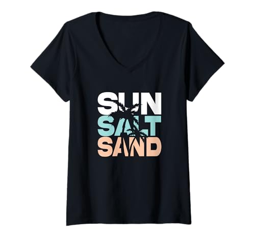 Damen Sun Salt Sand Sommer Retro Bunt Fröhlich Urlaub Palmen T-Shirt mit V-Ausschnitt Damen Sun Salt Sand Sommer Retro Bunt Fröhlich Urlaub Palmen T-Shirt mit V-Ausschnitt von Sun Salt Sand Sommer Retro Bunt Fröhlich Urlaub