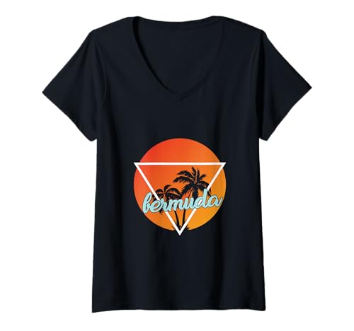 Damen Bermuda Sonnenförmiges Dreieck mit Palmen T-Shirt mit V-Ausschnitt von Sun and Nationality
