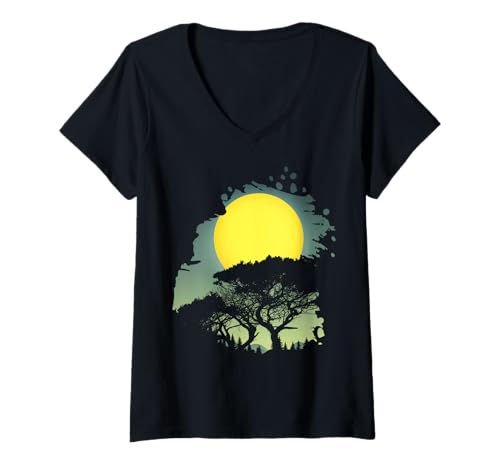 Damen Landschaftsdesign, Berge, Natur, Bäume und Wald T-Shirt mit V-Ausschnitt von Sun reflection, Outdoor Wildlife and Forest Gifts