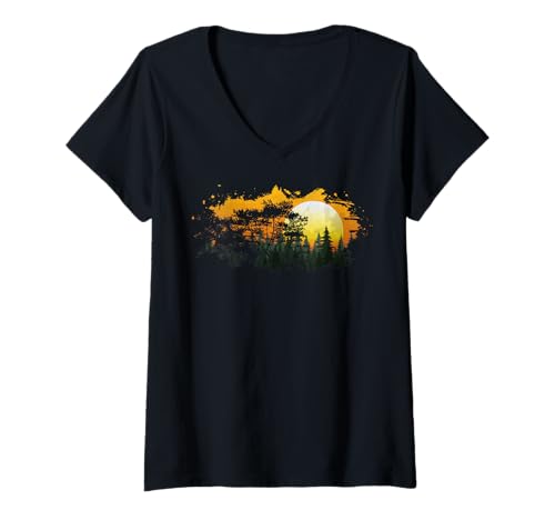 Damen Landschaftsdesign, Berge, Natur, Bäume und Wald T-Shirt mit V-Ausschnitt von Sun reflection, Outdoor Wildlife and Forest Gifts
