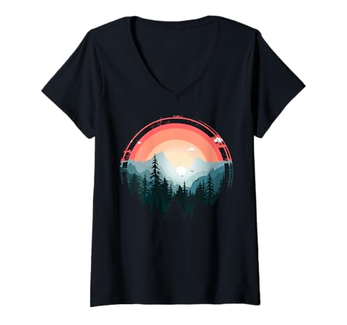Damen Landschaftsdesign, Berge, Natur, Bäume und Wald T-Shirt mit V-Ausschnitt von Sun reflection, Outdoor Wildlife and Forest Gifts