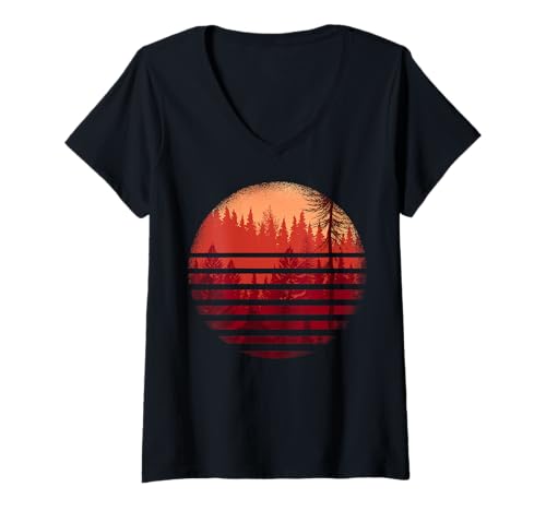Damen Landschaftsdesign, Berge, Natur, Bäume und Wald T-Shirt mit V-Ausschnitt von Sun reflection, Outdoor Wildlife and Forest Gifts