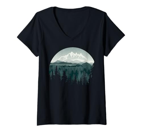 Damen Landschaftsdesign, Berge, Natur, Bäume und Wald T-Shirt mit V-Ausschnitt von Sun reflection, Outdoor Wildlife and Forest Gifts