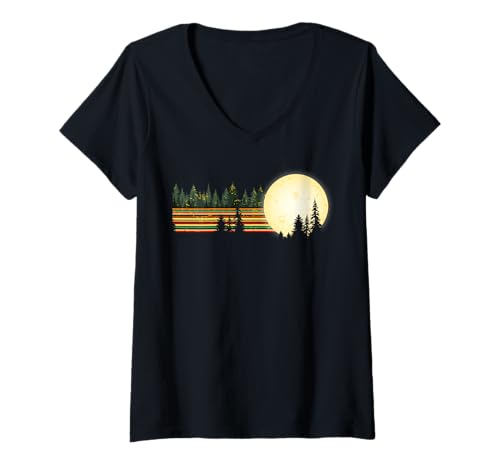 Damen Landschaftsdesign, Berge, Natur, Bäume und Wald T-Shirt mit V-Ausschnitt von Sun reflection, Outdoor Wildlife and Forest Gifts