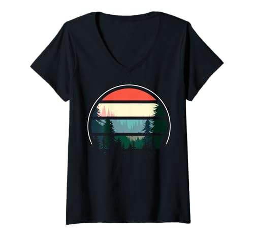 Damen Landschaftsdesign, Berge, Natur, Bäume und Wald T-Shirt mit V-Ausschnitt von Sun reflection, Outdoor Wildlife and Forest Gifts