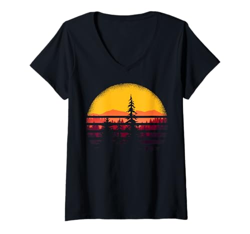 Damen Landschaftsdesign, Berge, Natur, Bäume und Wald T-Shirt mit V-Ausschnitt von Sun reflection, Outdoor Wildlife and Forest Gifts
