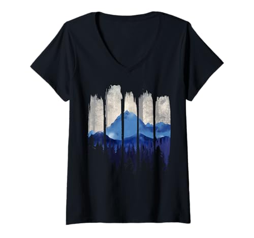 Damen Landschaftsdesign, Berge, Natur, Bäume und Wald T-Shirt mit V-Ausschnitt von Sun reflection, Outdoor Wildlife and Forest Gifts